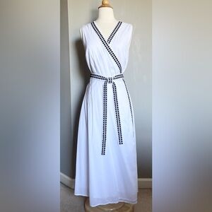 Ann Taylor Wrap Midi Dress, White with Embroidered Black Trim, Size 8